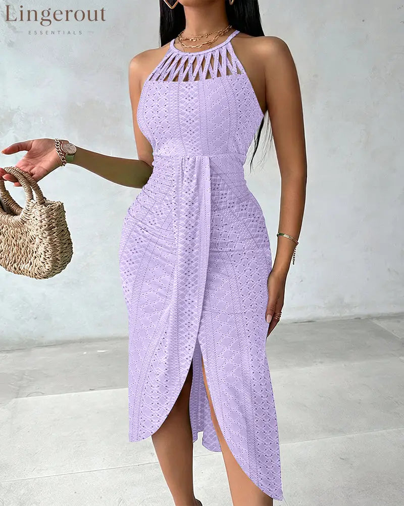Halter Tie Criss Cross Front Knit Jacquard Textured Slit Dress Casual Hollow-out Draped Vacation Dress