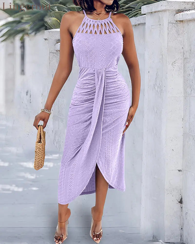 Halter Tie Criss Cross Front Knit Jacquard Textured Slit Dress Casual Hollow-out Draped Vacation Dress
