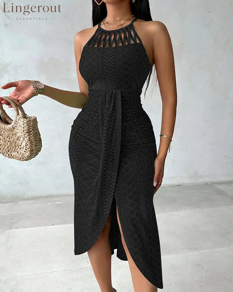 Halter Tie Criss Cross Front Knit Jacquard Textured Slit Dress Casual Hollow-out Draped Vacation Dress