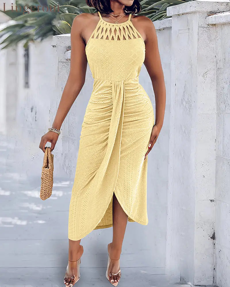 Halter Tie Criss Cross Front Knit Jacquard Textured Slit Dress Casual Hollow-out Draped Vacation Dress