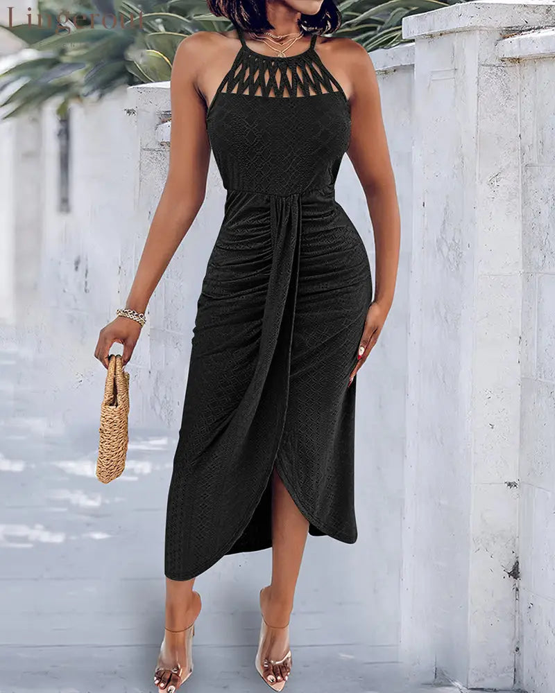Halter Tie Criss Cross Front Knit Jacquard Textured Slit Dress Casual Hollow-out Draped Vacation Dress
