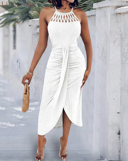 Halter Tie Criss Cross Front Knit Jacquard Textured Slit Dress Casual Hollow-out Draped Vacation Dress