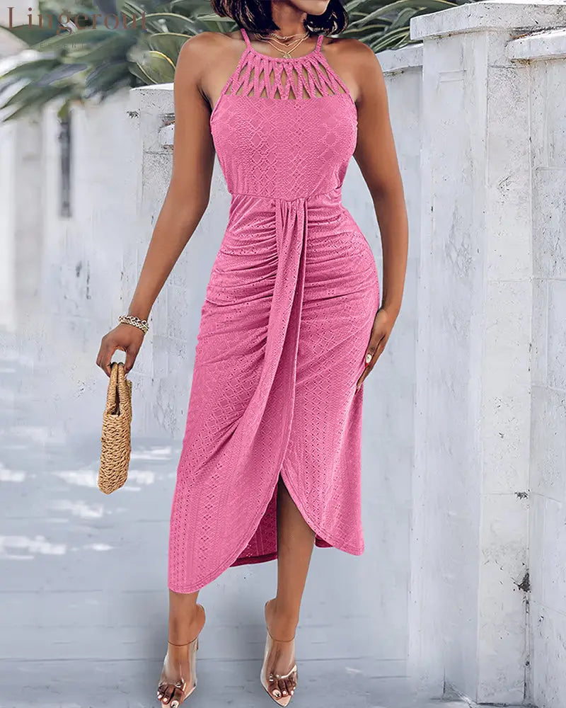 Halter Tie Criss Cross Front Knit Jacquard Textured Slit Dress Casual Hollow-out Draped Vacation Dress