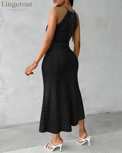 Halter Tie Criss Cross Front Knit Jacquard Textured Slit Dress Casual Hollow-out Draped Vacation Dress