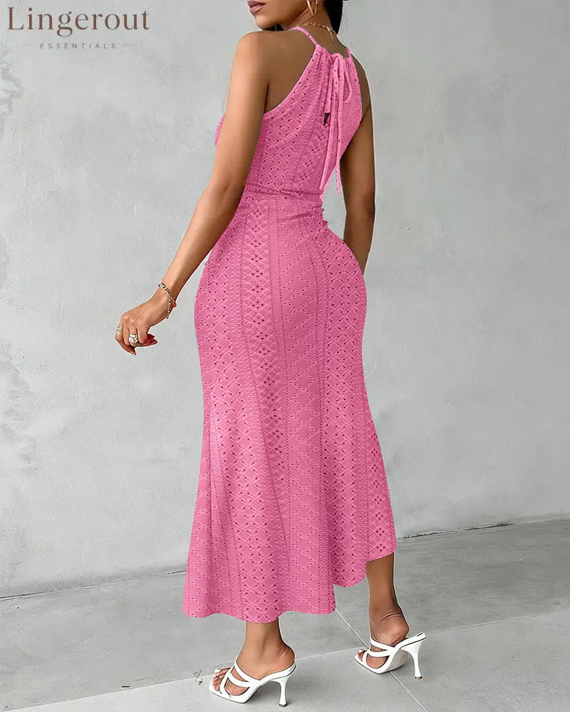 Halter Tie Criss Cross Front Knit Jacquard Textured Slit Dress Casual Hollow-out Draped Vacation Dress