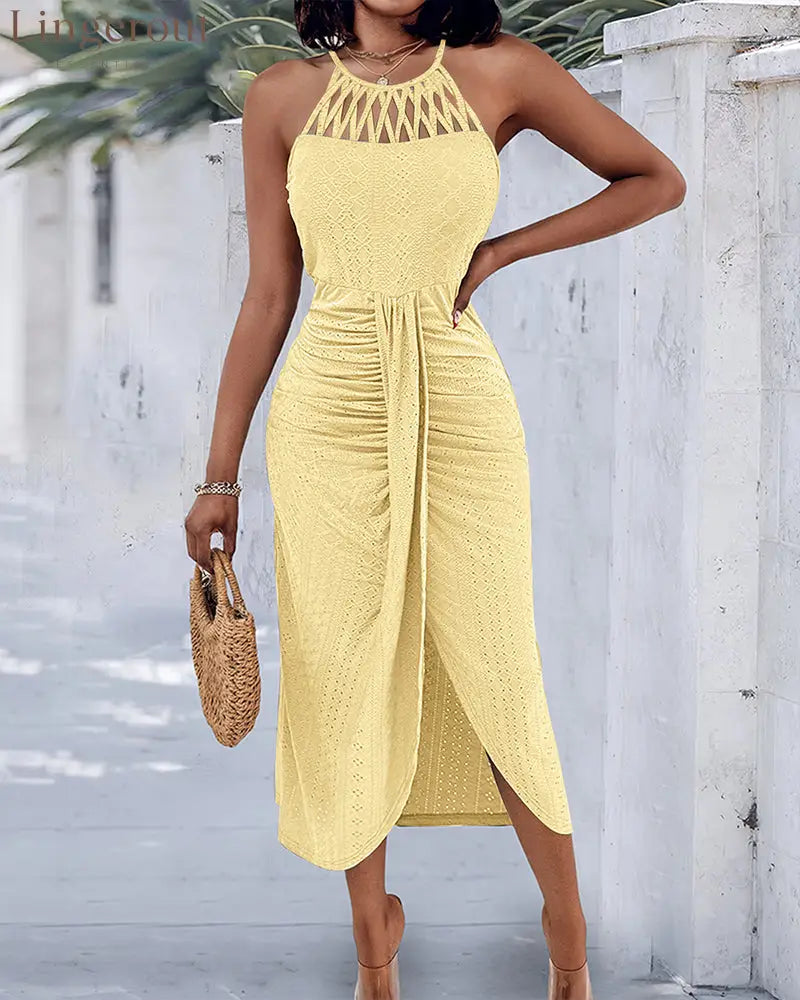 Halter Tie Criss Cross Front Knit Jacquard Textured Slit Dress Casual Hollow-out Draped Vacation Dress