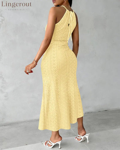 Halter Tie Criss Cross Front Knit Jacquard Textured Slit Dress Casual Hollow-out Draped Vacation Dress