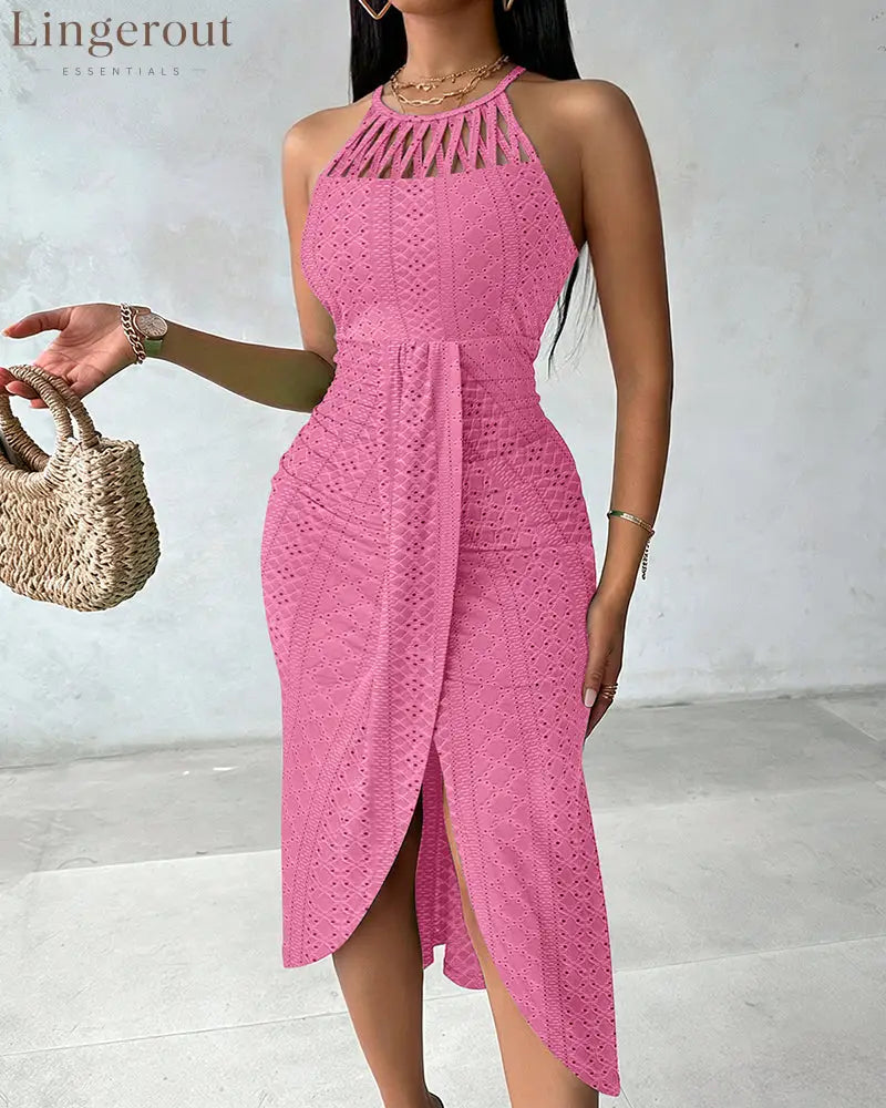 Halter Tie Criss Cross Front Knit Jacquard Textured Slit Dress Casual Hollow-out Draped Vacation Dress