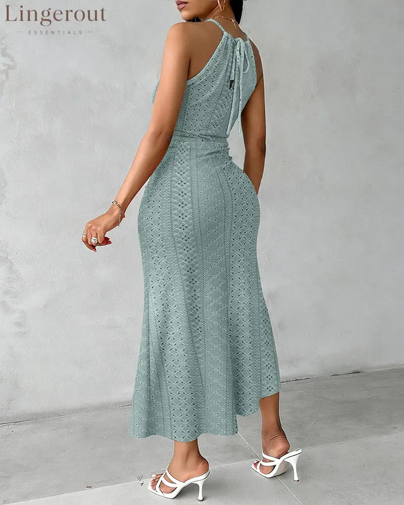 Halter Tie Criss Cross Front Knit Jacquard Textured Slit Dress Casual Hollow-out Draped Vacation Dress