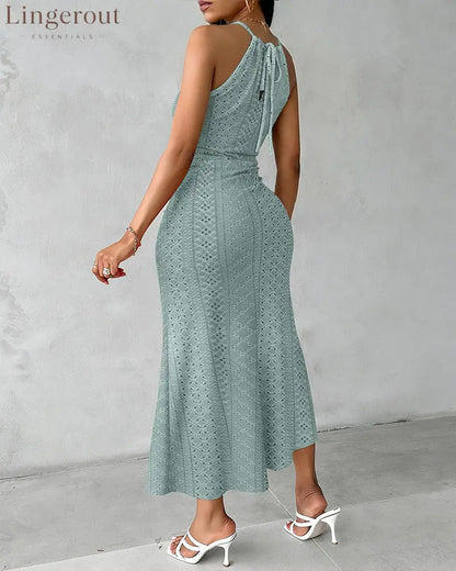 Halter Tie Criss Cross Front Knit Jacquard Textured Slit Dress Casual Hollow-out Draped Vacation Dress