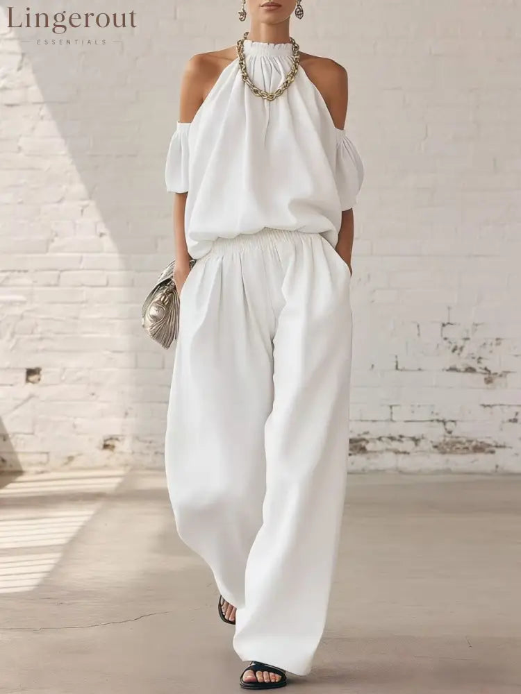 Halter Top & Wide Leg Pants 2-Piece Set | Ultimate Comfort & Style - White / XS