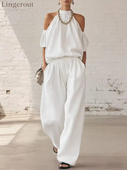 Halter Top & Wide Leg Pants 2-Piece Set | Ultimate Comfort & Style - White / XS