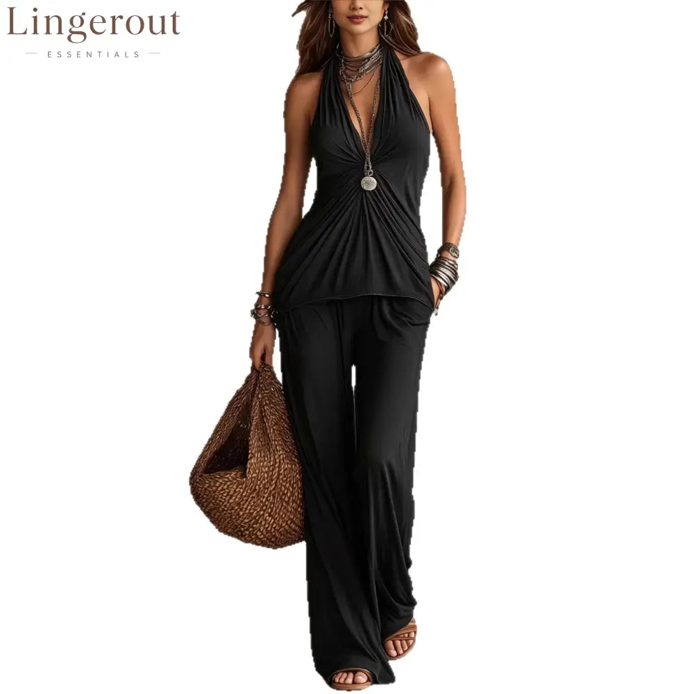 Halter Twist Ruched Top Wide Leg Pants Two Piece Set
