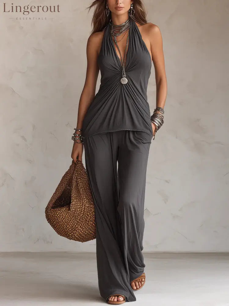 Halter Twist Ruched Top Wide Leg Pants Two Piece Set - Grey / S