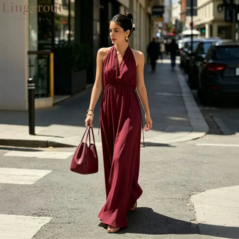 Halter V-Neck Drawstring Waist Maxi Dress