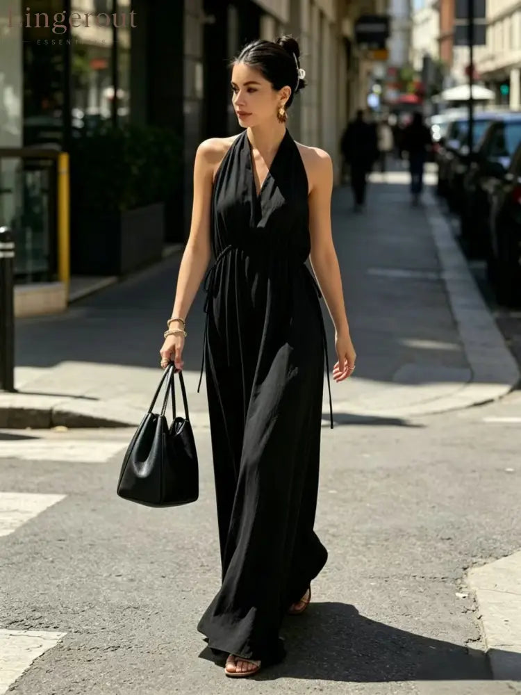 Halter V-Neck Drawstring Waist Maxi Dress - Black / S