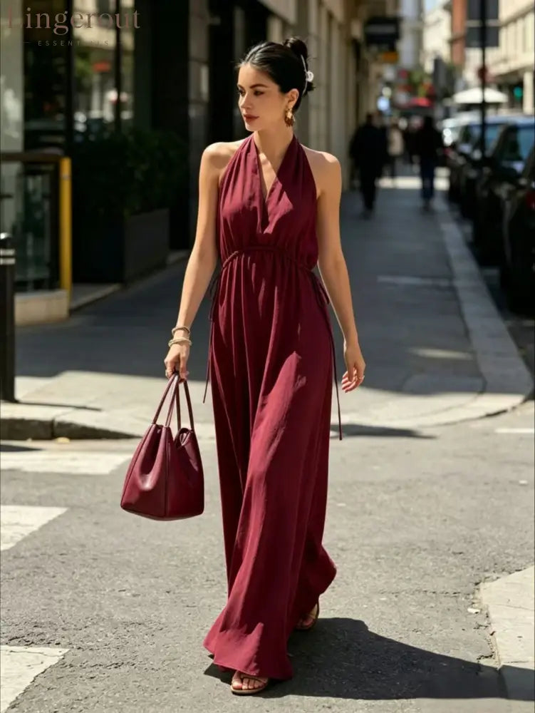 Halter V-Neck Drawstring Waist Maxi Dress - Claret / S