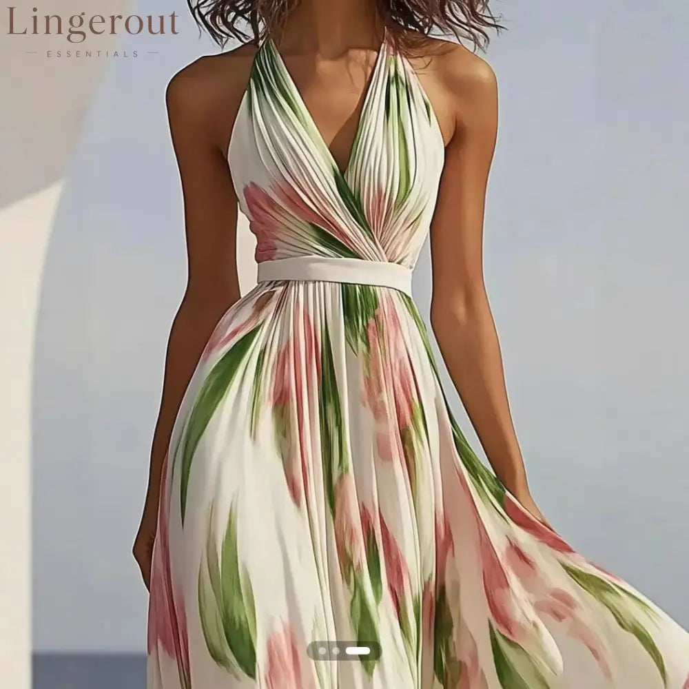 Halter V-Neck Floral Pleated Maxi Dress with Waist Belt
