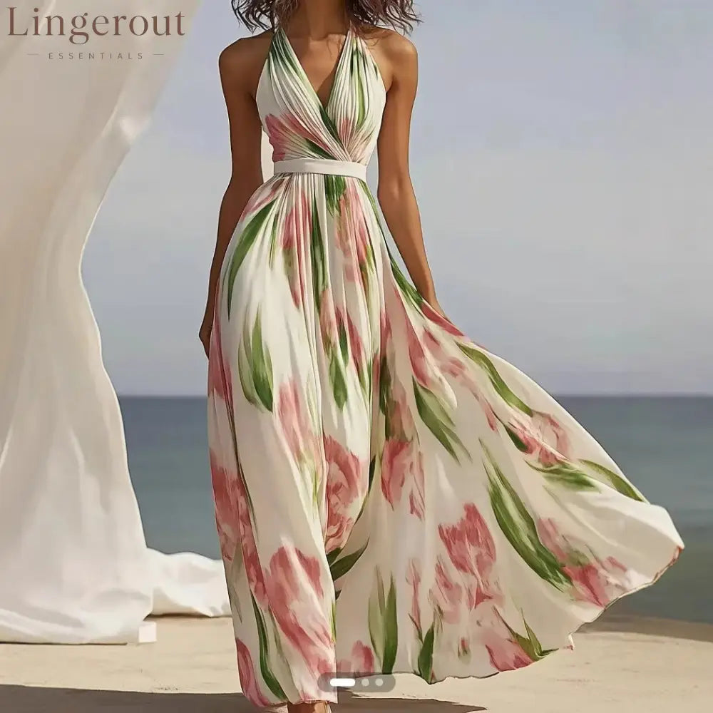 Halter V-Neck Floral Pleated Maxi Dress with Waist Belt