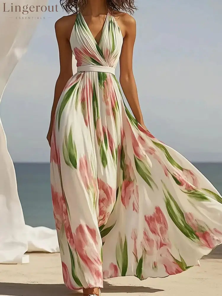 Halter V-Neck Floral Pleated Maxi Dress with Waist Belt - Milky / S