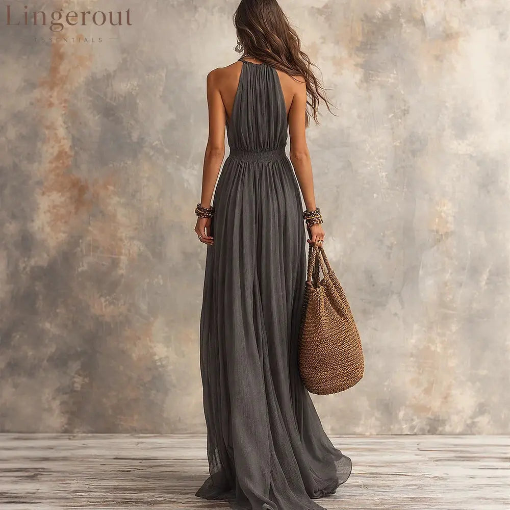 Halter V-Neck Linen-Blend Maxi Dress