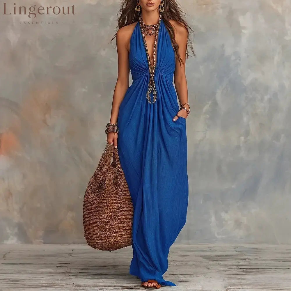 Halter V-Neck Linen-Blend Maxi Dress - Blue / S