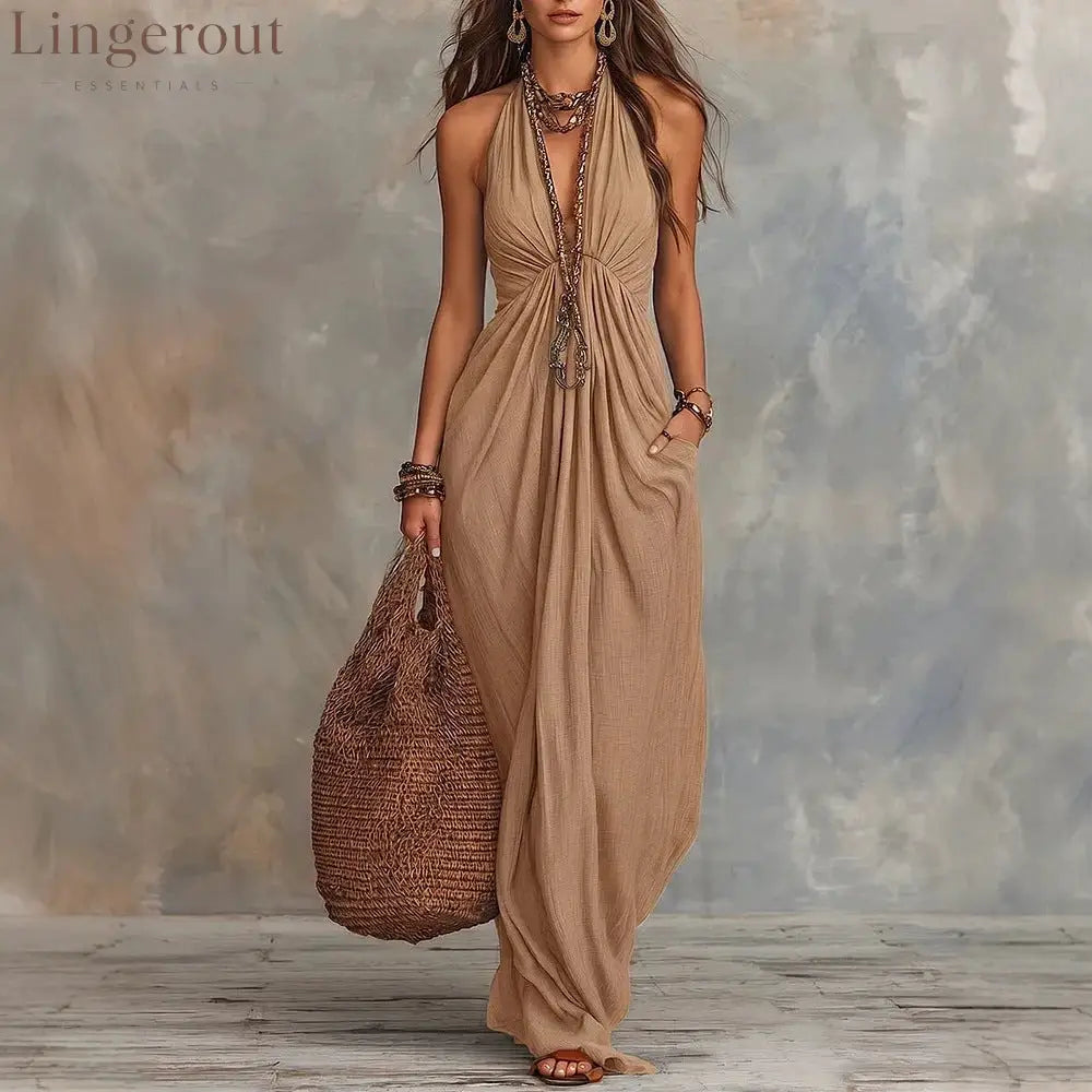 Halter V-Neck Linen-Blend Maxi Dress - Khaki / S