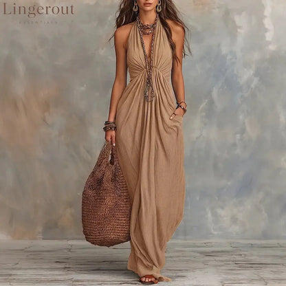 Halter V-Neck Linen-Blend Maxi Dress - Khaki / S