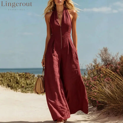 Halter Zip Front Wide Leg Linen Vacation Jumpsuit