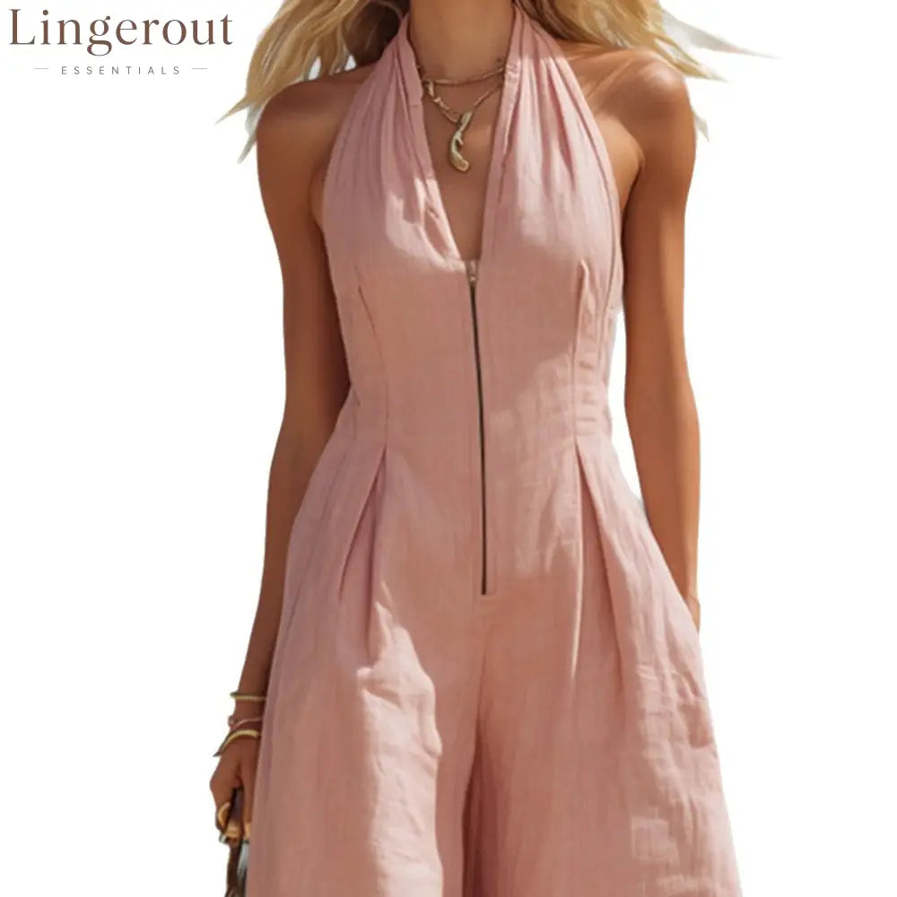 Halter Zip Front Wide Leg Linen Vacation Jumpsuit