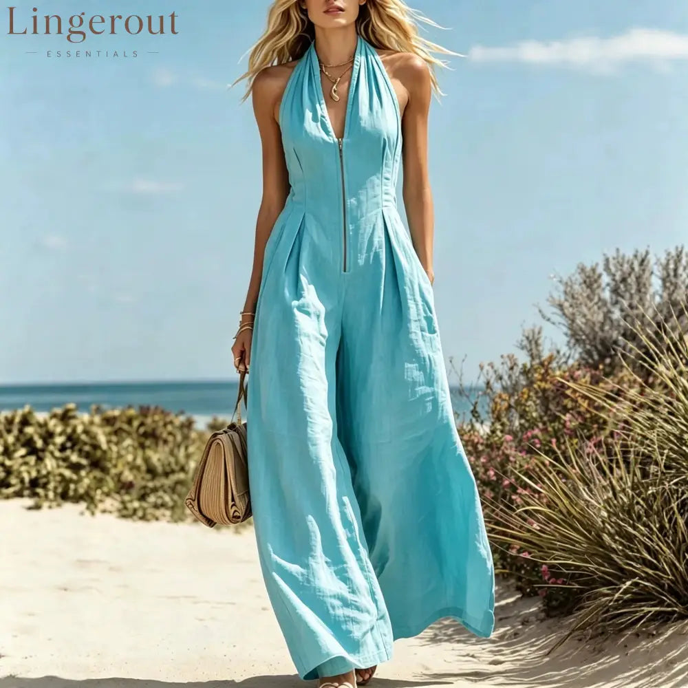 Halter Zip Front Wide Leg Linen Vacation Jumpsuit