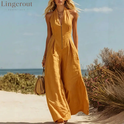 Halter Zip Front Wide Leg Linen Vacation Jumpsuit