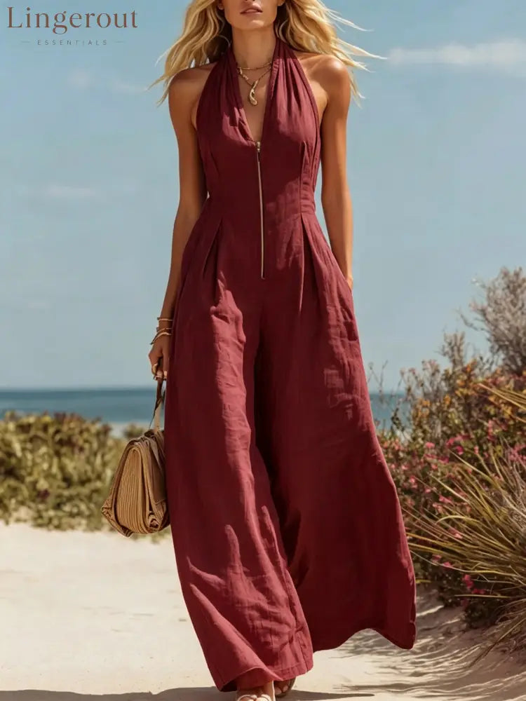 Halter Zip Front Wide Leg Linen Vacation Jumpsuit - Claret / S