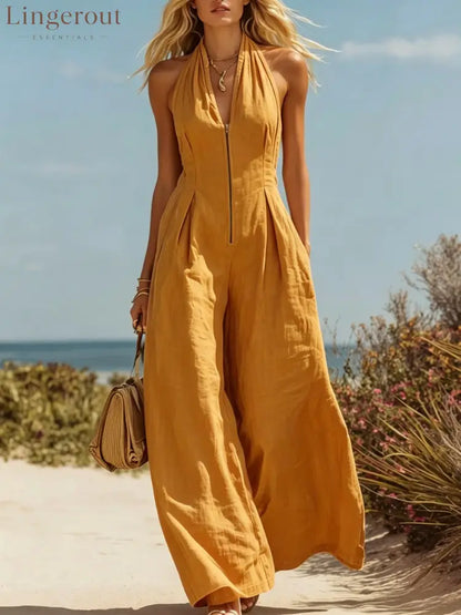 Halter Zip Front Wide Leg Linen Vacation Jumpsuit - Ginger yellow / S