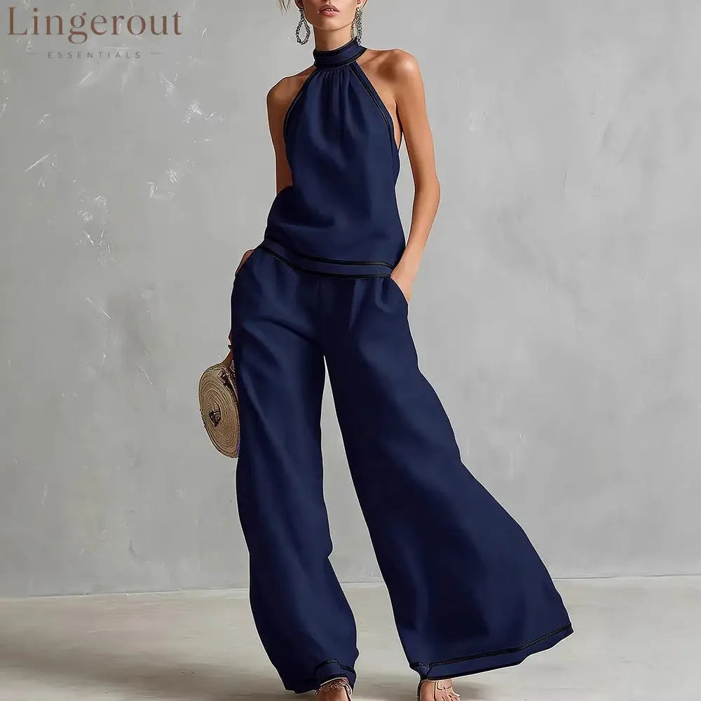 Halterneck Sleeveless Wide-Leg Pants Suit For Women