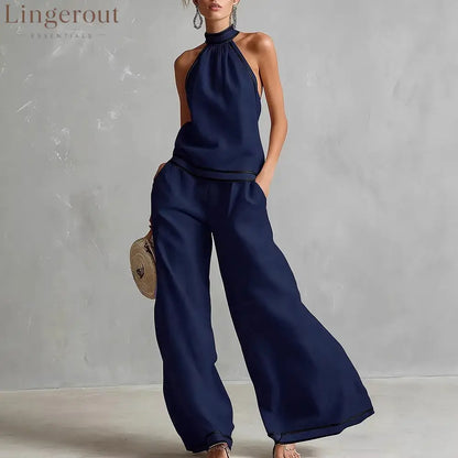 Halterneck Sleeveless Wide-Leg Pants Suit For Women