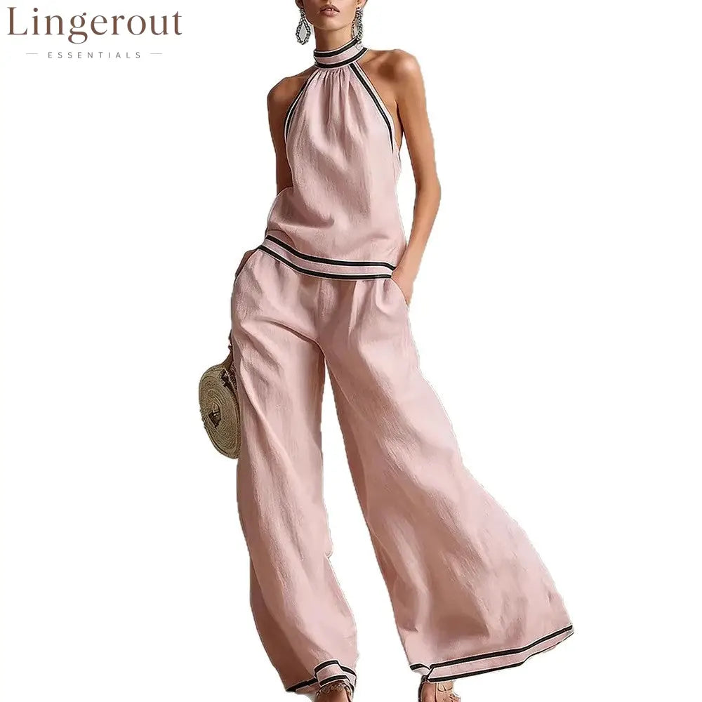 Halterneck Sleeveless Wide-Leg Pants Suit For Women