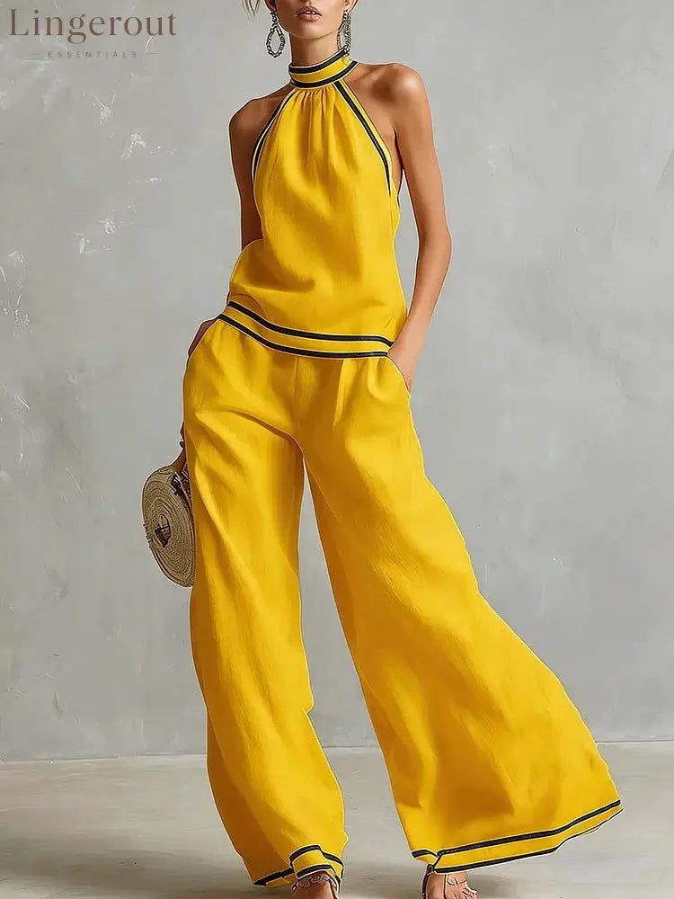Halterneck Sleeveless Wide-Leg Pants Suit For Women - Yellow / S