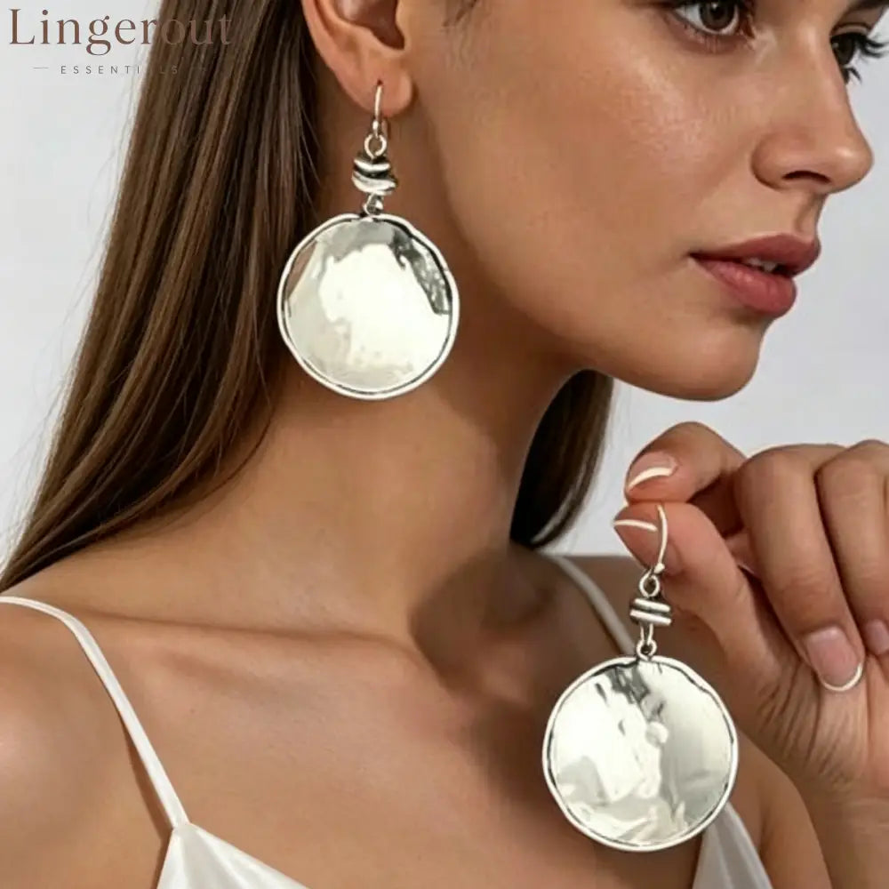 Hammered Round Disc Dangle Earrings Vintage Plated Statement Drop Earrings