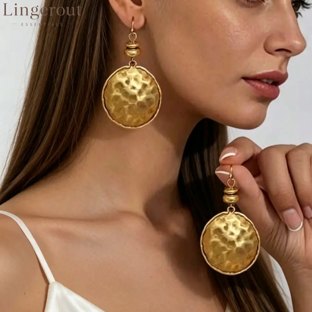 Hammered Round Disc Dangle Earrings Vintage Plated Statement Drop Earrings - SF739