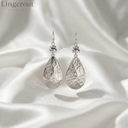 Hammered Teardrop Silver Dangle Earrings Vintage Textured Water Drop Statement Drop Earrings - EH5794