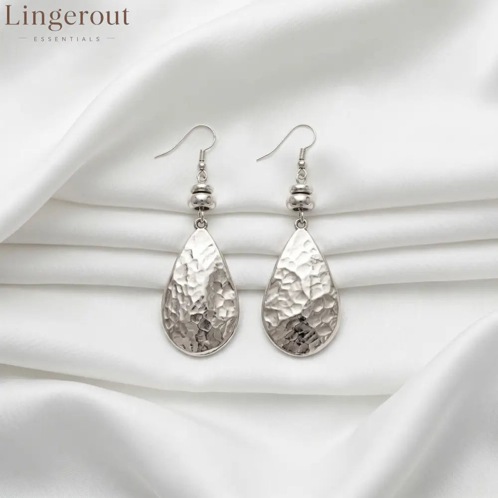 Hammered Teardrop Silver Dangle Earrings Vintage Textured Water Drop Statement Drop Earrings - EH5794