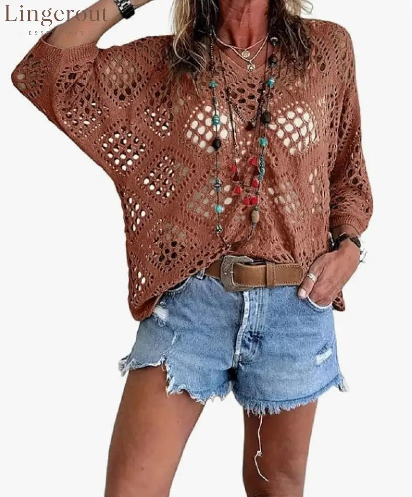 ? Handmade Crochet V‐Neck Boho Top | Apricot Summer Essential - Coffee / S