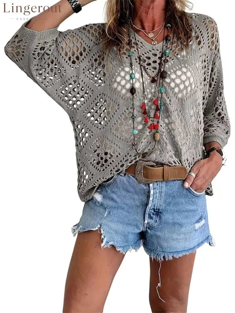 ? Handmade Crochet V‐Neck Boho Top | Apricot Summer Essential - Grey / S