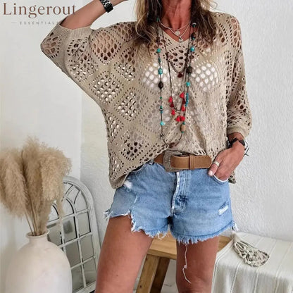 ? Handmade Crochet V‐Neck Boho Top | Apricot Summer Essential - Khaki / S