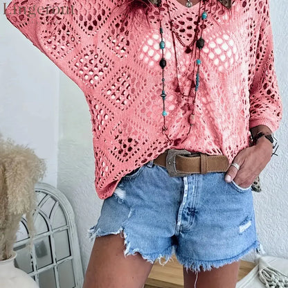 ? Handmade Crochet V‐Neck Boho Top | Apricot Summer Essential - Pink / S