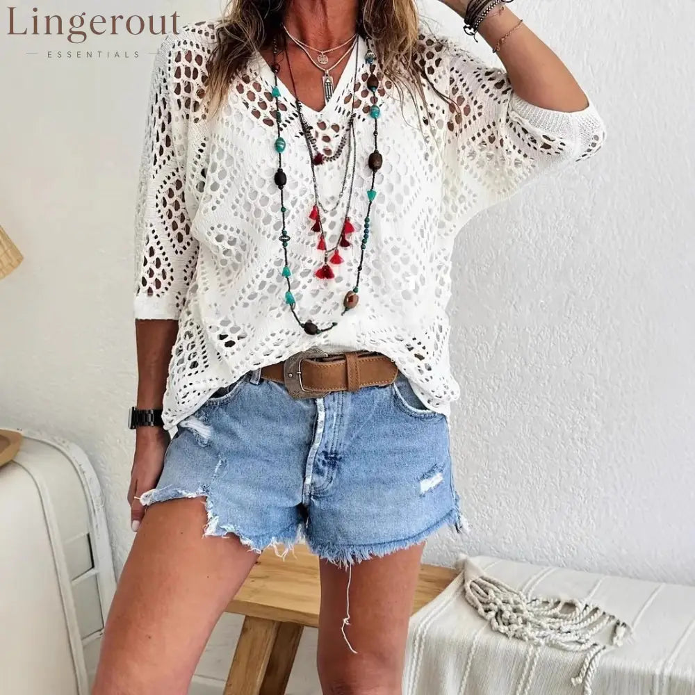 ? Handmade Crochet V‐Neck Boho Top | Apricot Summer Essential - White / S