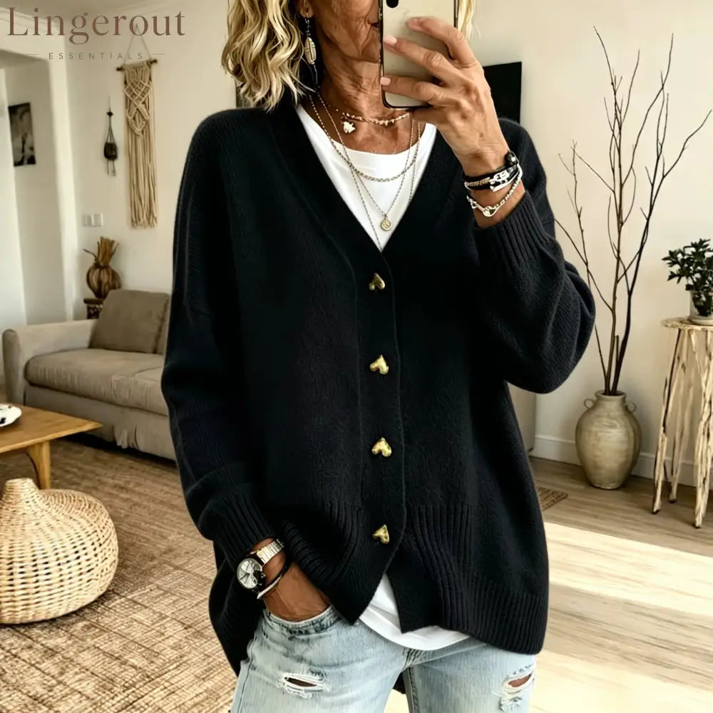Heart Button V Neck Knit Cardigan - Black / S