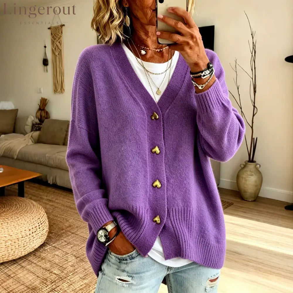 Heart Button V Neck Knit Cardigan - Purple / S