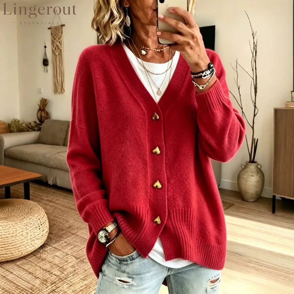 Heart Button V Neck Knit Cardigan - Red / S